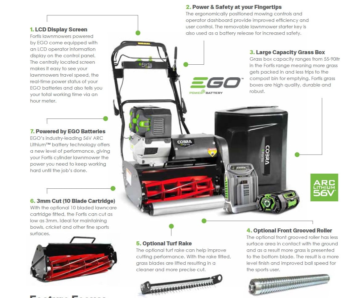 Cobra Fortis Cordless Cylinder Lawn Mowers Features