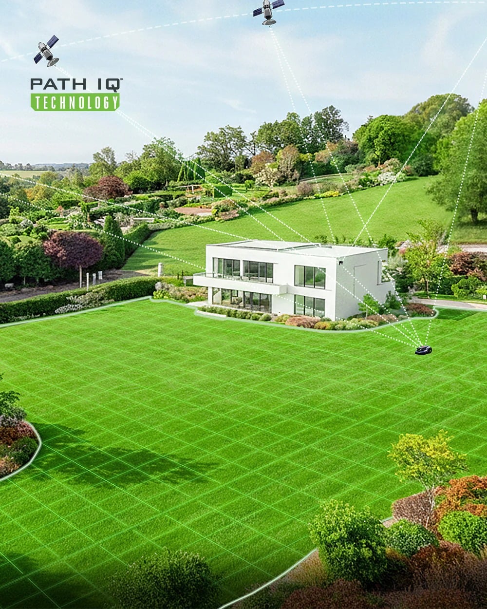 PATH IQ&trade; is EGO's unique combination of three intelligent technologies (RTK, VIO and VSLAM) that work together to deliver unmatched mowing accuracy in complex environments, navigating every nook and cranny.